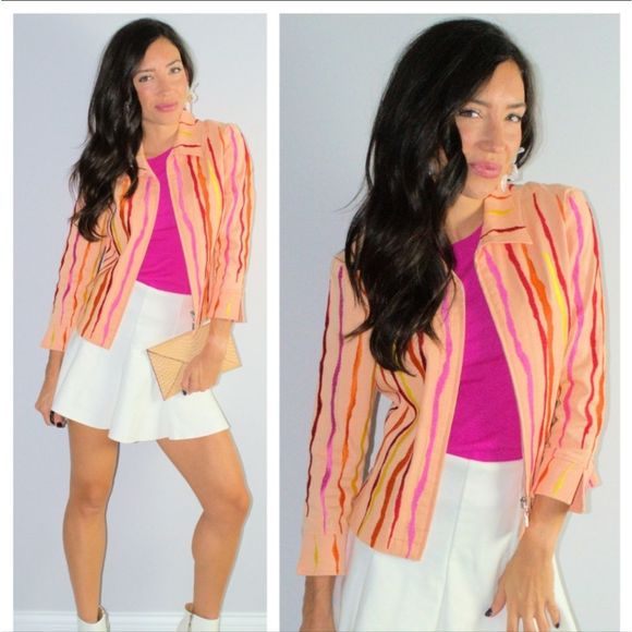 🅴 Neon Vertical Striped Abstract Orange Jacket Blazer With Lace Up Back - Picture 1 of 7